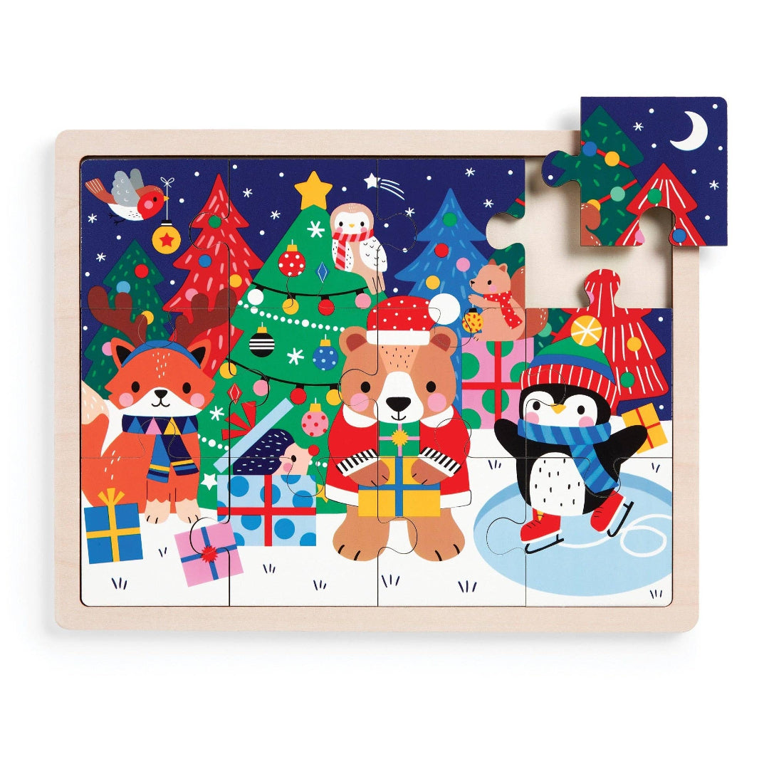 Wooden puzzle with Christmas-themed design featuring animals and festive elements.