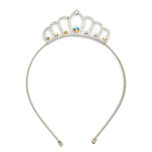 Plastic silver tiara headband with colorful rhinestones from Great Pretenders