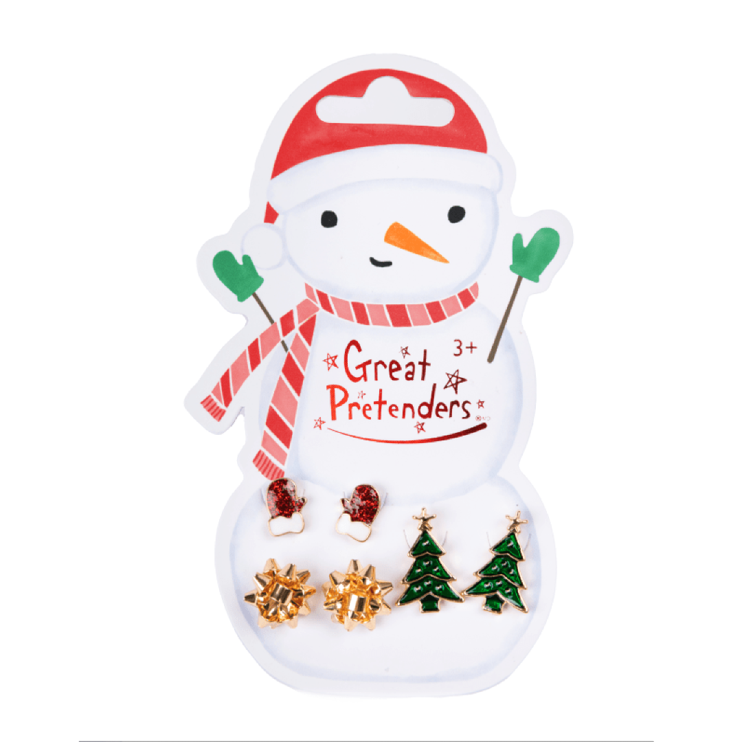 3 pairs of holiday earrings on an snowman display card. One pair is red and white mittens, one pair are gold bows, and one pair are green christmas trees