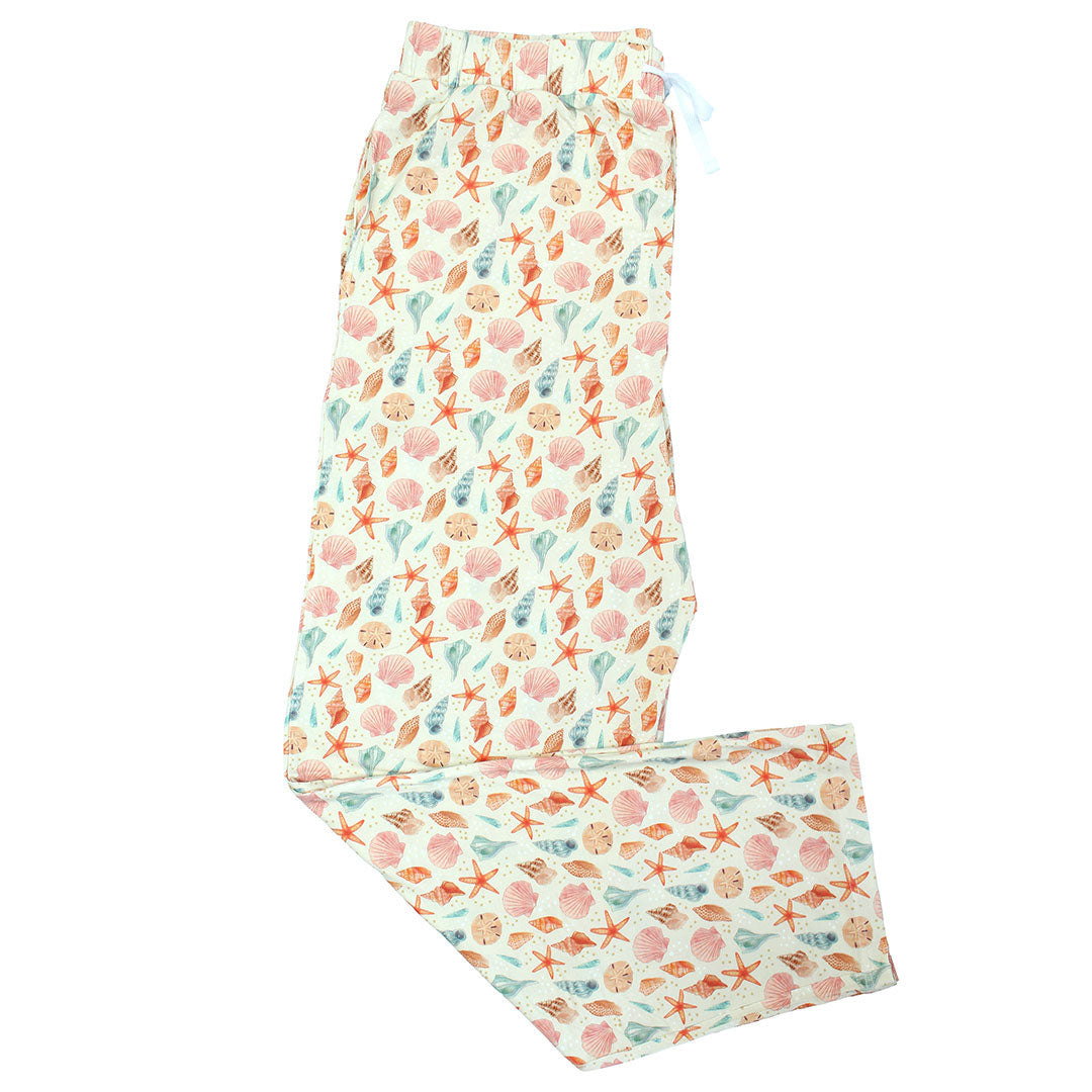 Sandy seashell adult relaxed pants flat lay in a white background.