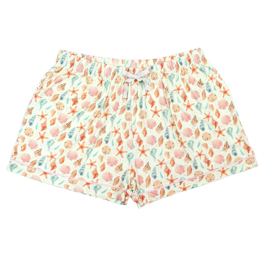 Sandy Seashell woman pajama shorts. Flat lay in a white background.