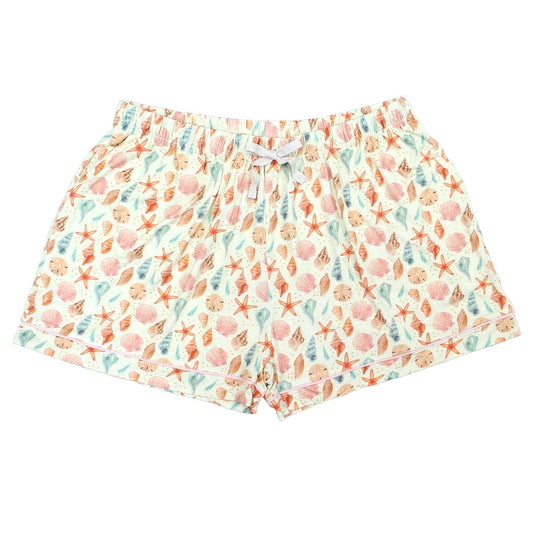 Sandy Seashell woman pajama shorts. Flat lay in a white background.