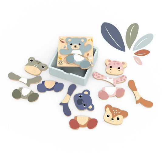 wooden animal shaped puzzles that are each 3 pieces and include a bear, koala, giraffe, frog, and squirrel