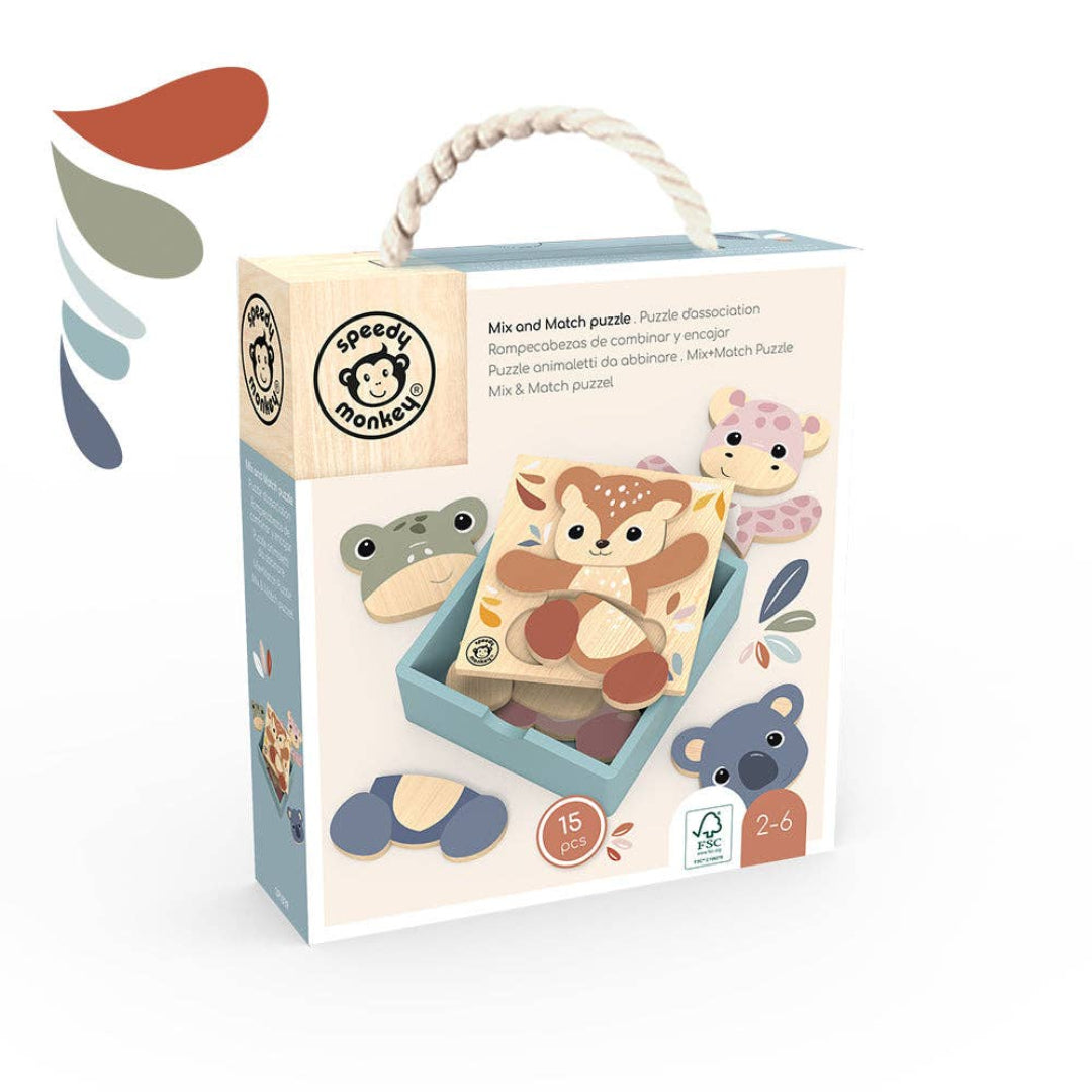 a set of animal themed puzzles in pastel colors in a box with a carry handle