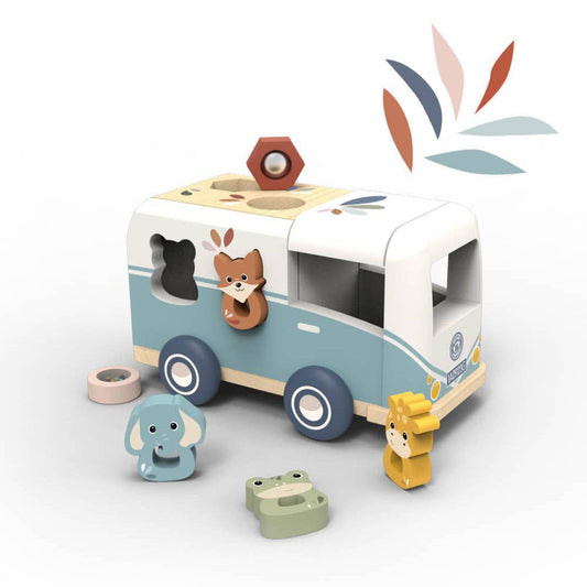 a wooden van shape sorting toy with 4 animal shapes including a brown fox, blue elephant, green frog, and yellow giraffe