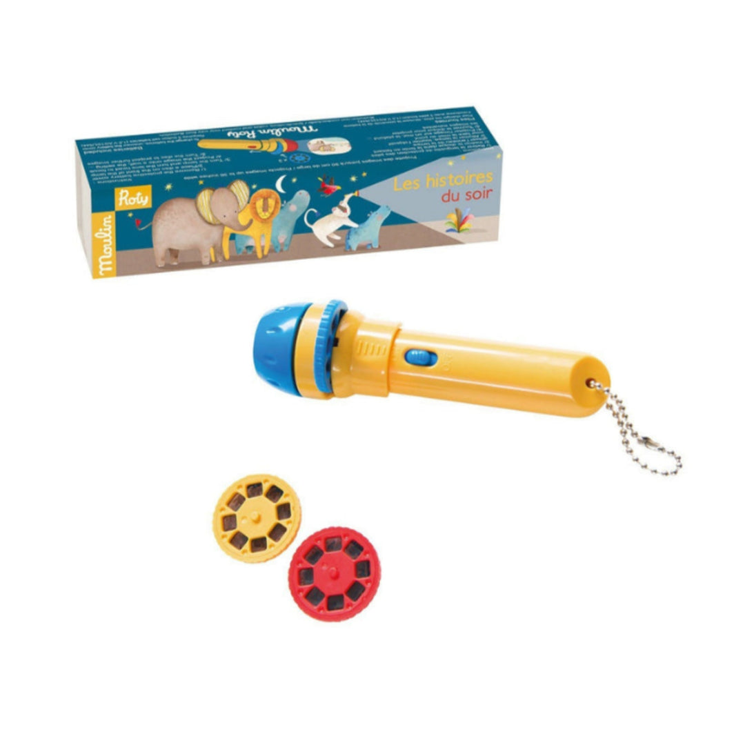 a storytime flashlight that includes 3 discs that you project onto a wall to tell a story