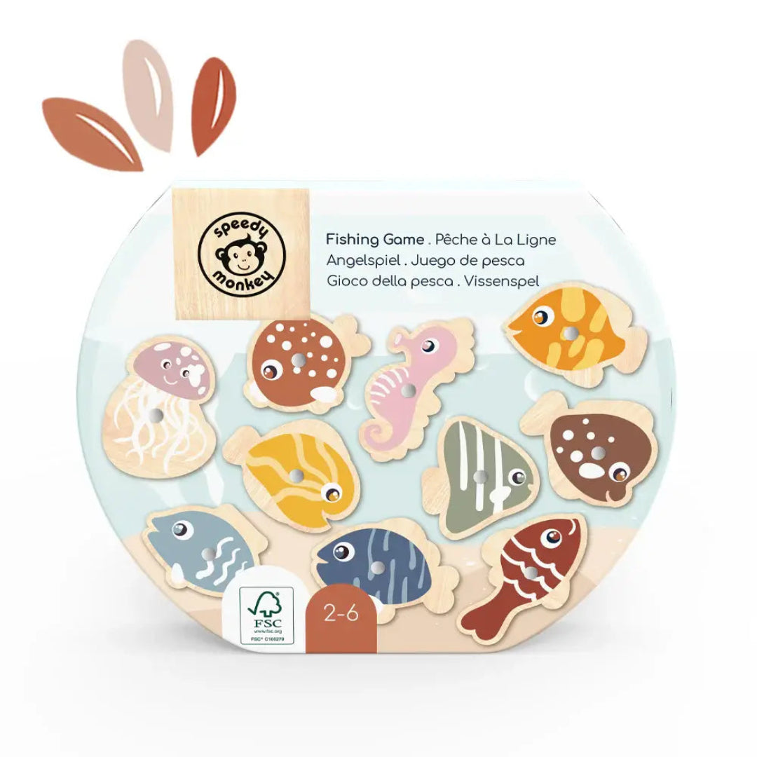 a fishing game board game in a box shaped like a fish bowl and it includes 10 magnetic fish and 2 magnetic fishing poles