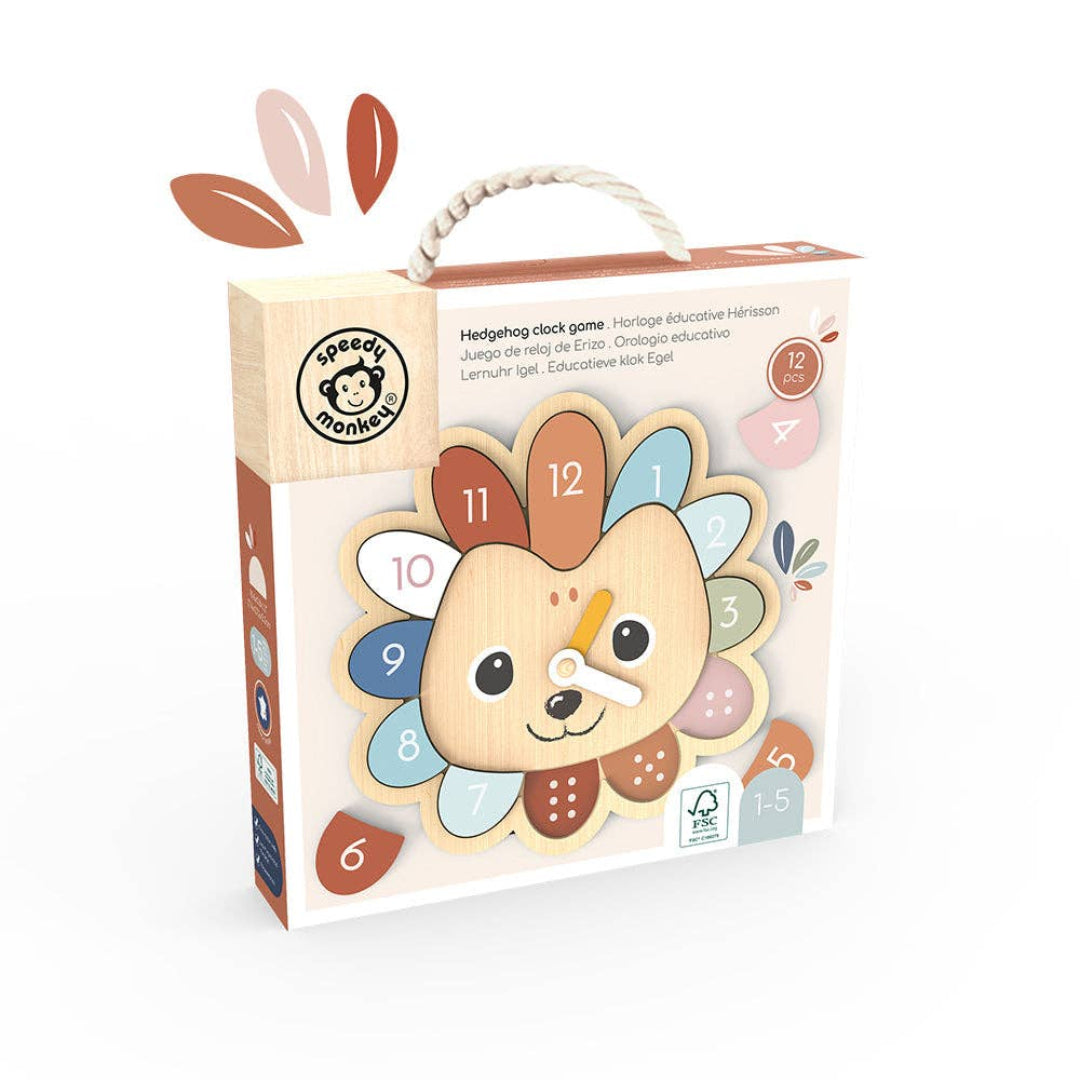 a box with a handle containing a kids puzzle shaped like a lions face clock