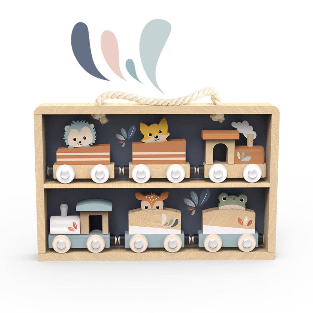 a wooden display case that holds 2 trains that are 3 sections each. The trains are multicolored and have little animal friends inside of them