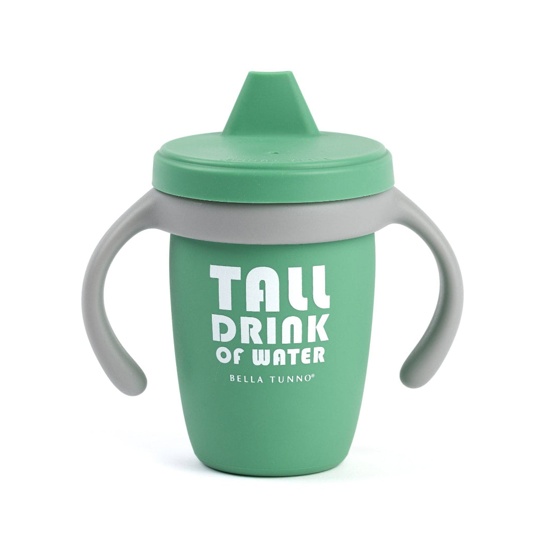 green silicone sippy cup that says tall drink of water