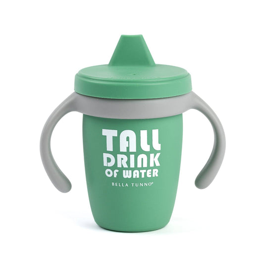 green silicone sippy cup that says tall drink of water