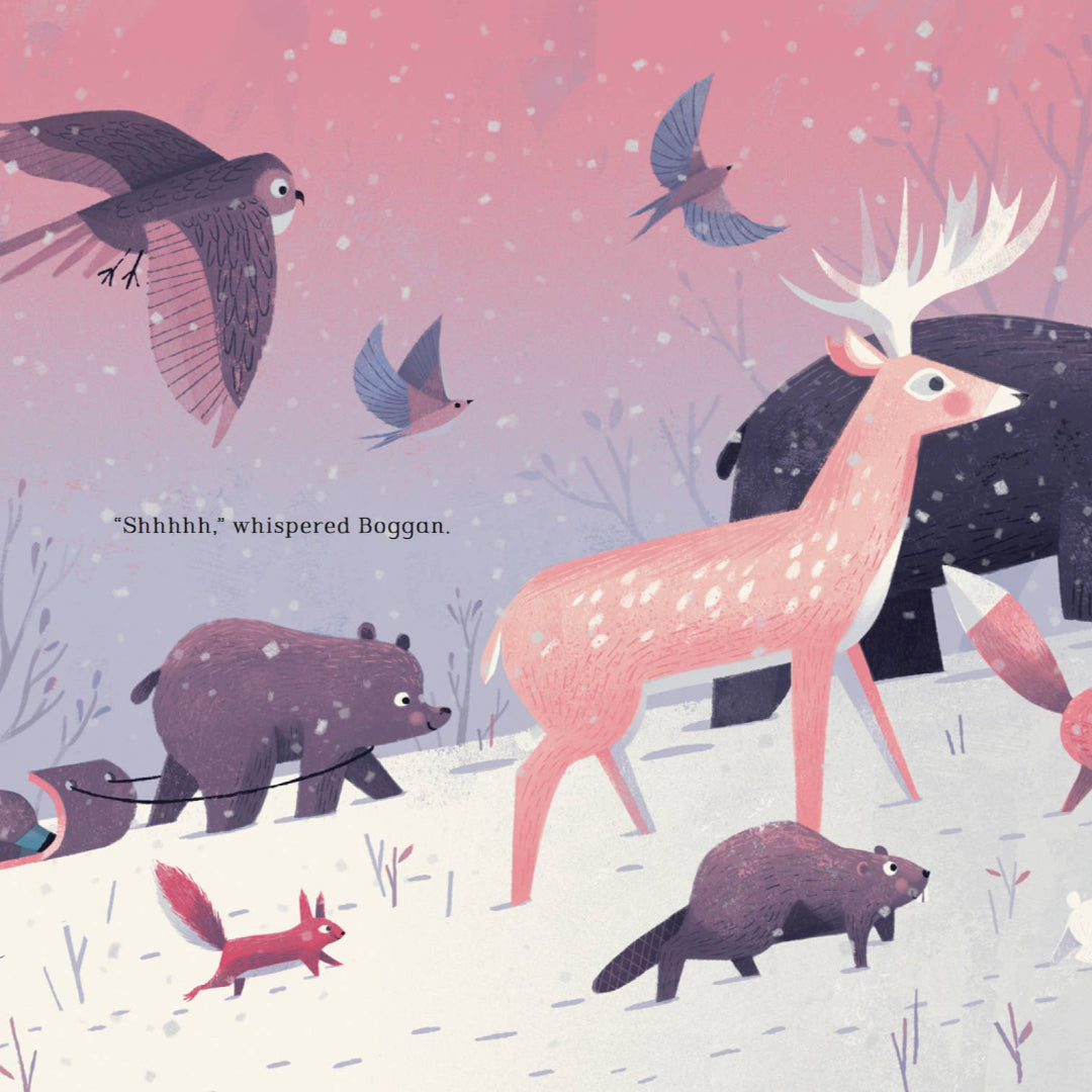 Illustration of various animals in a snowy landscape with a child watching from a window.