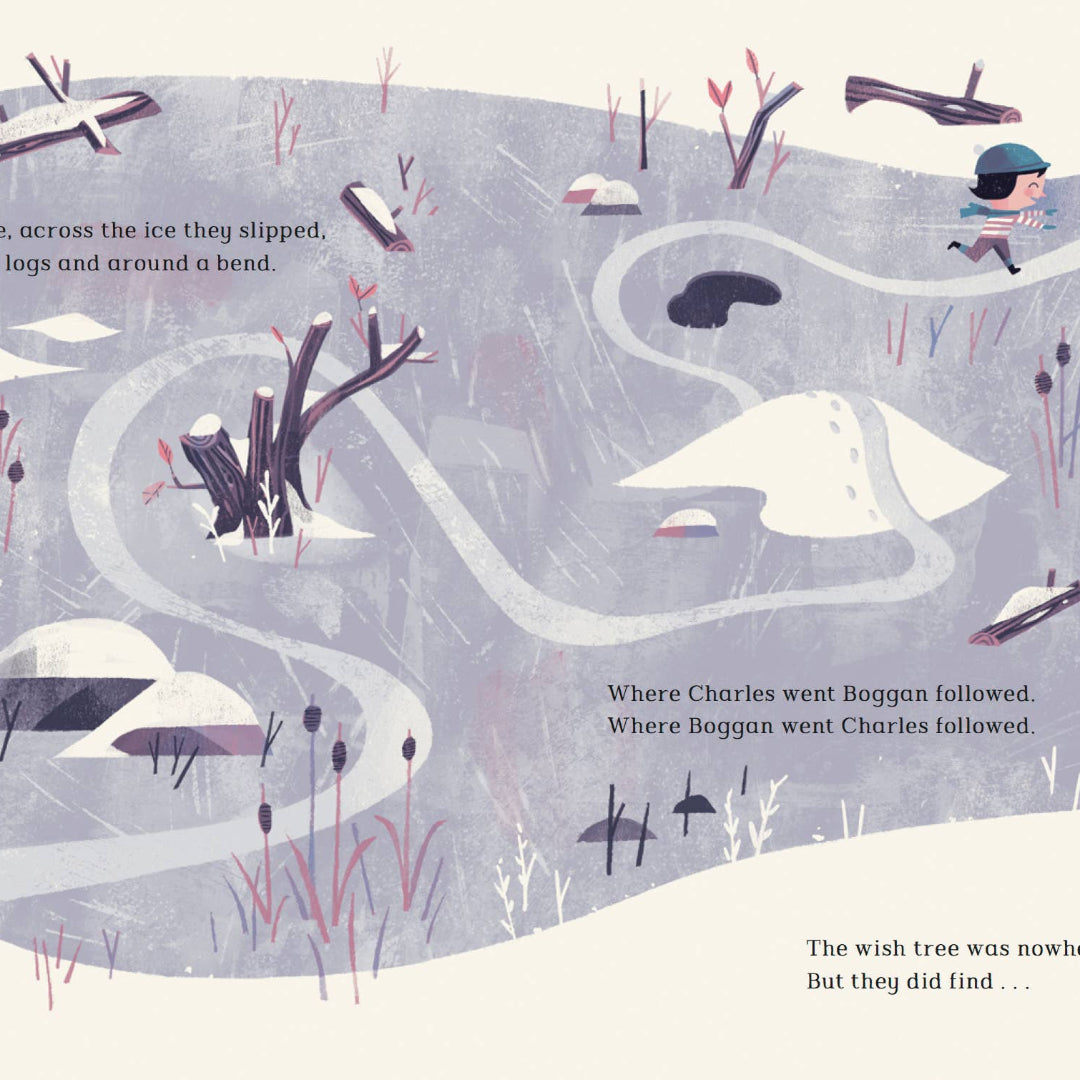 Illustration of a frozen landscape with characters and text