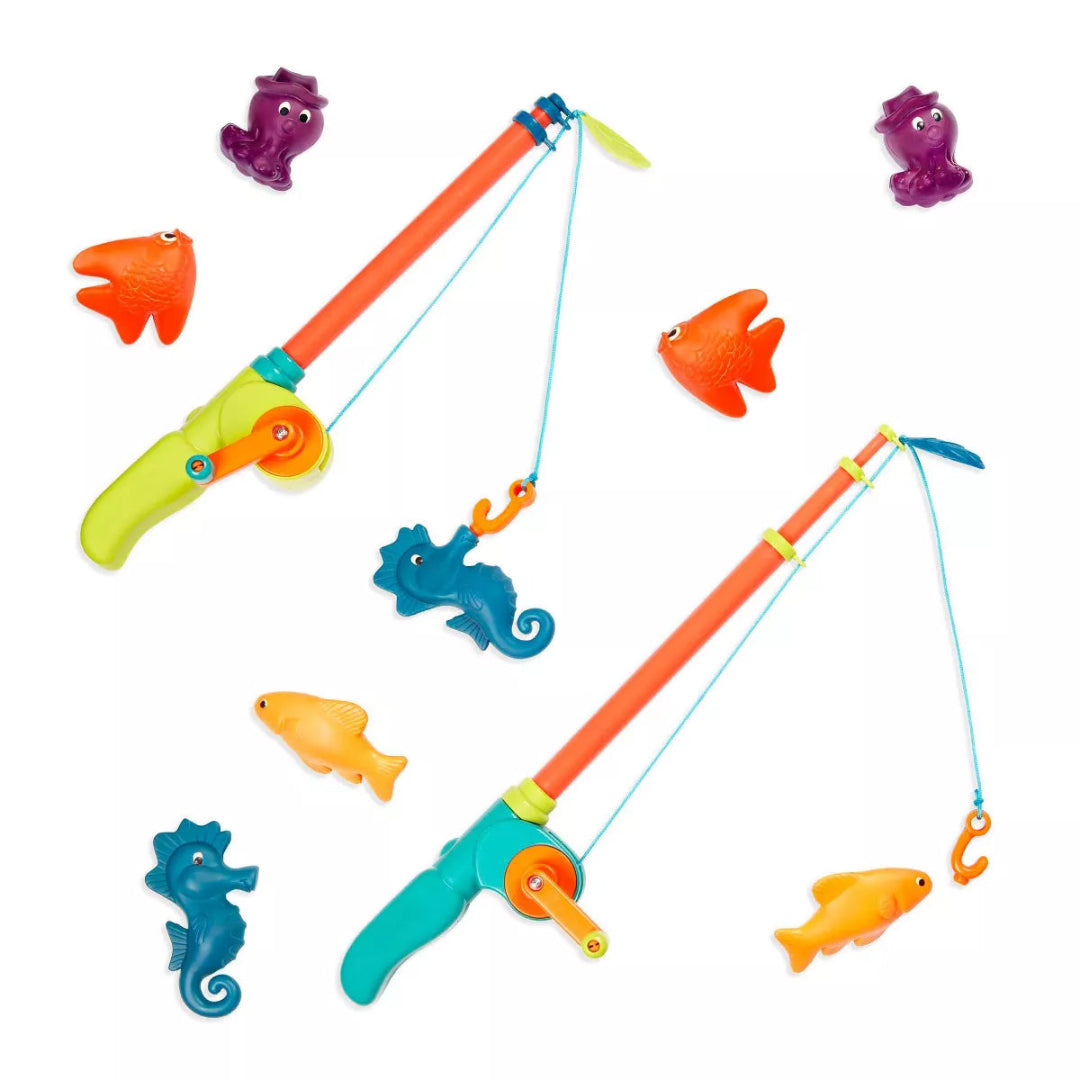 Colorful toy fishing rods with attached fish on a white background