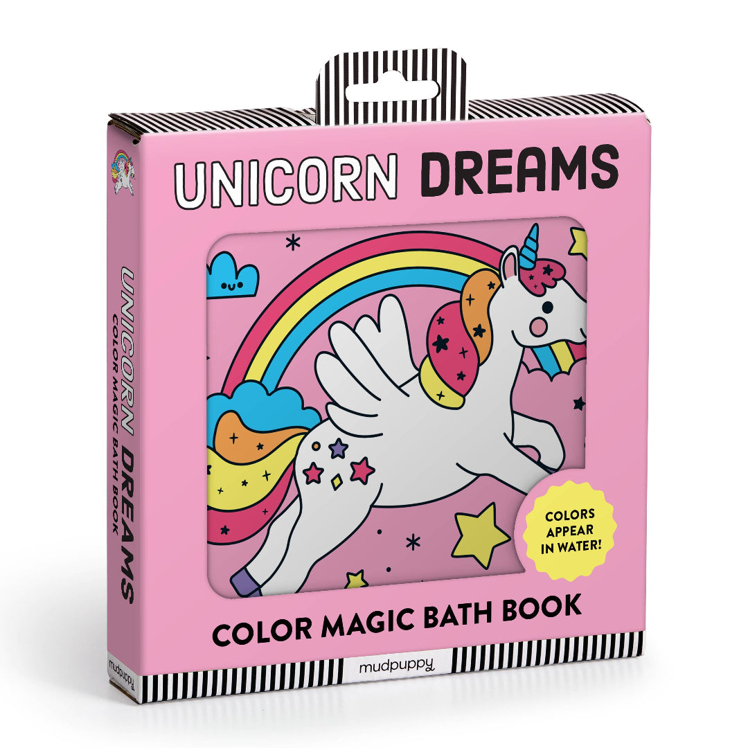 Color magic bath book packaging with unicorn design on a pink background