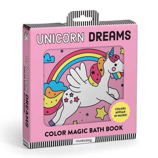 Color magic bath book packaging with unicorn design on a pink background