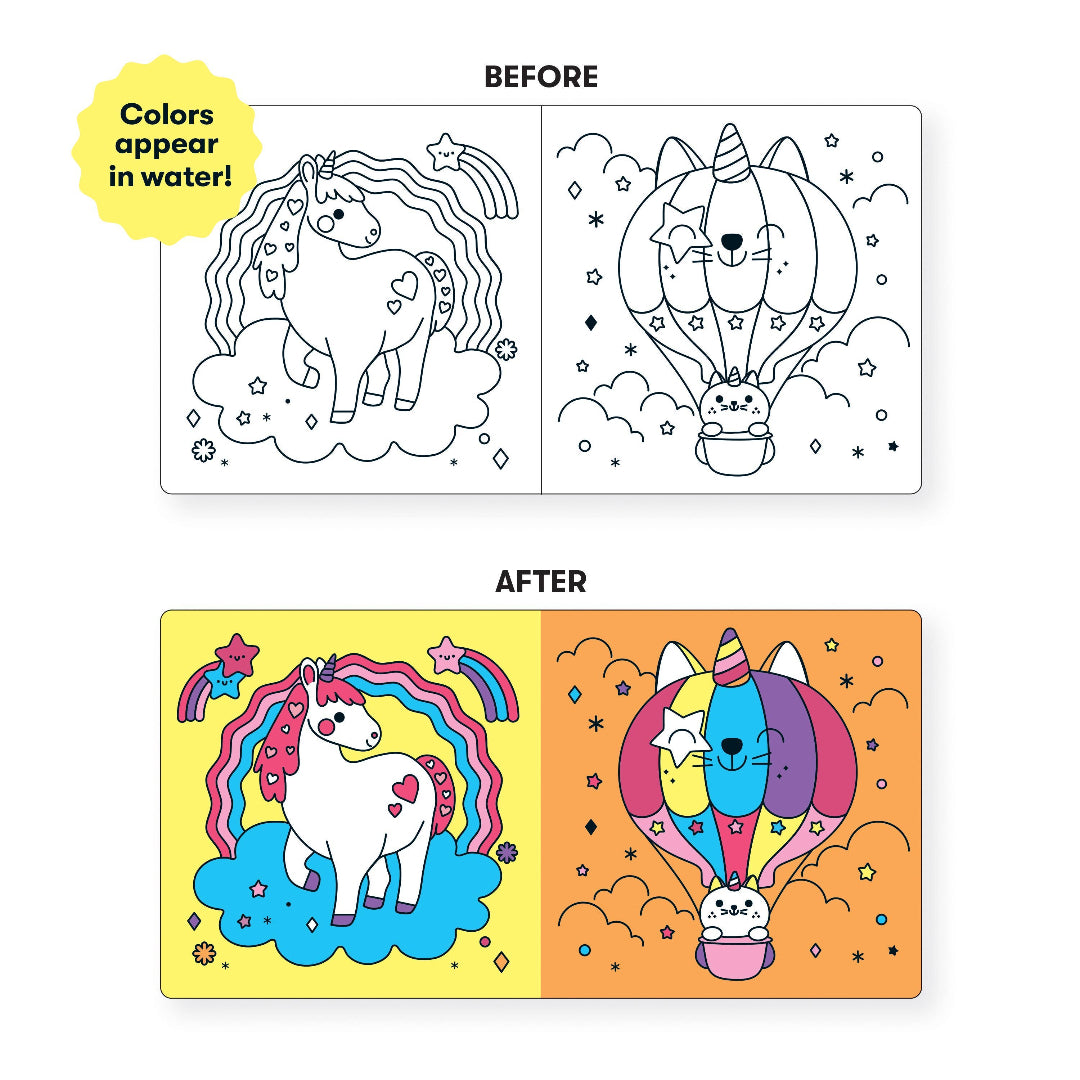 Coloring book pages with black outlines before and after coloring, showing vibrant colors in water.