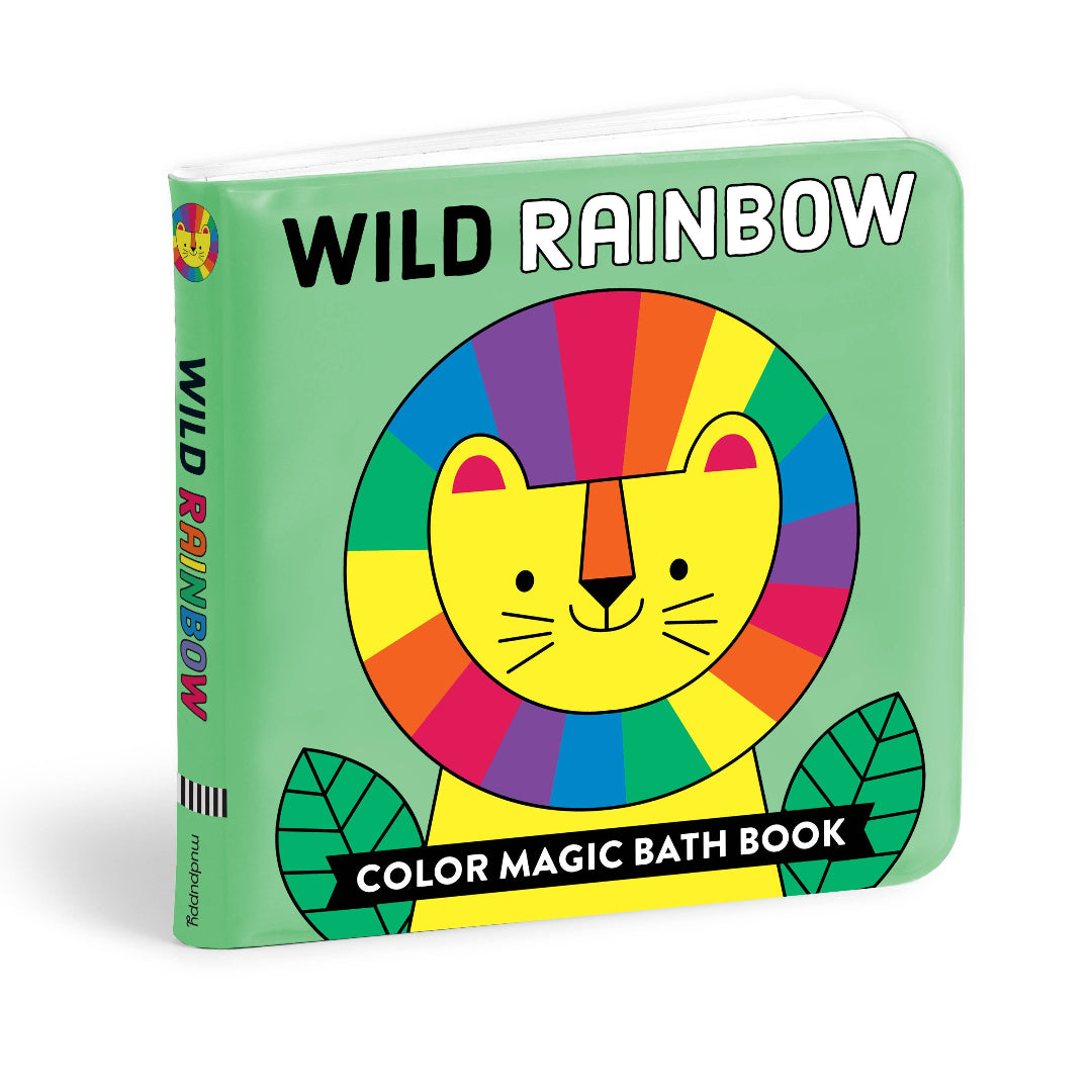 Colorful bath book with a lion illustration and 'Wild Rainbow' text on a green background