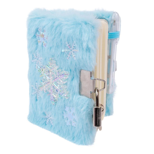 Blue fluffy journal that locks and on the front has several shimmery silver snowflakes from Great Pretenders