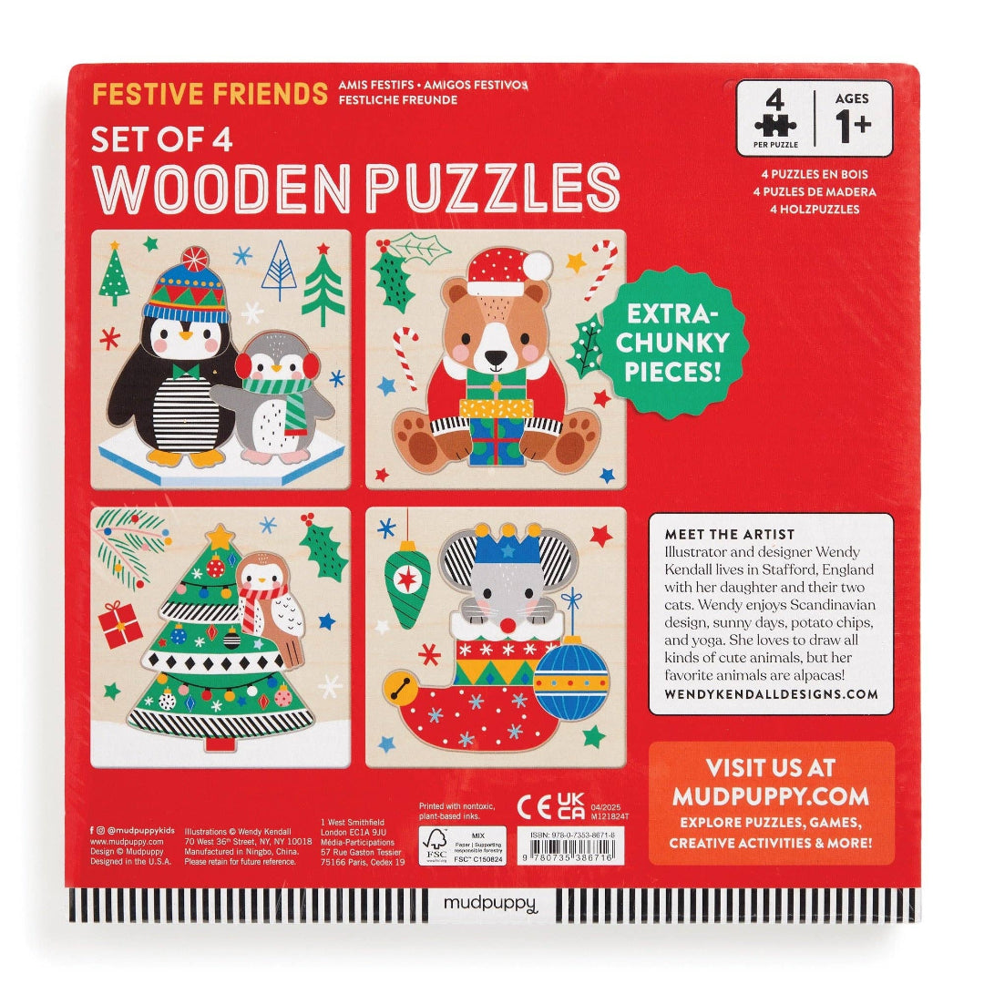 Set of 4 wooden puzzles packaging with festive illustrations on a red background