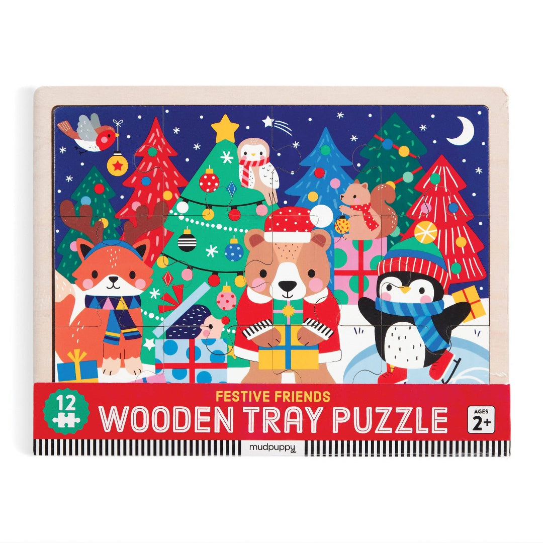 Festive Friends wooden tray puzzle with Christmas-themed design on a white background
