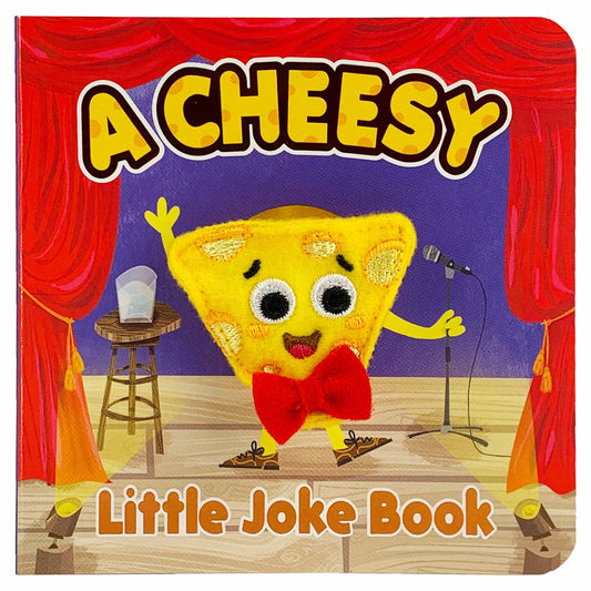A colorful children's book titled "A Cheesy Little Joke Book," featuring a smiling cartoon cheese wedge on a comedy stage.