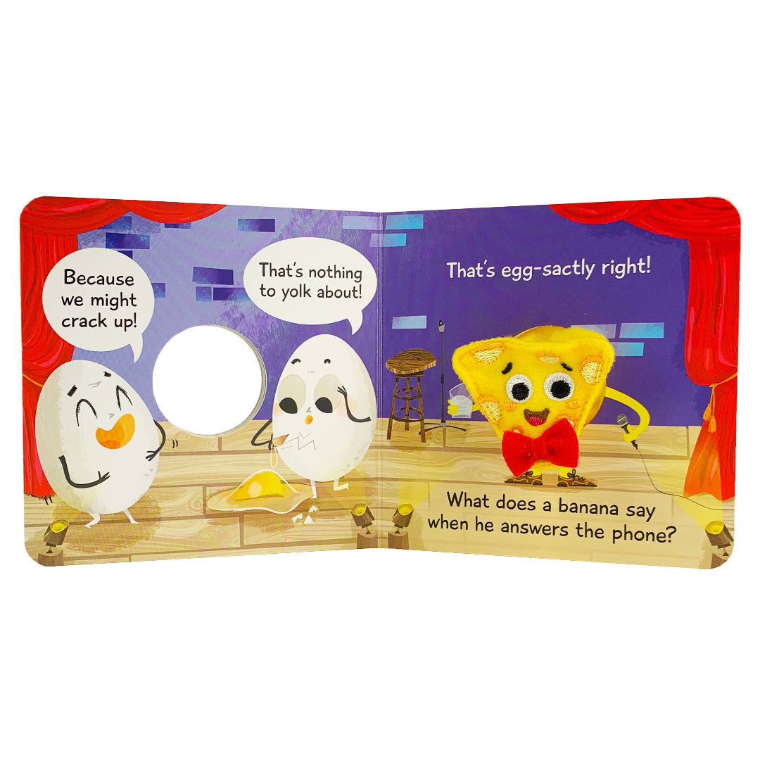 Inside of a finger puppet book with a wedge of cheese as a finger puppet telling stand up jokes.