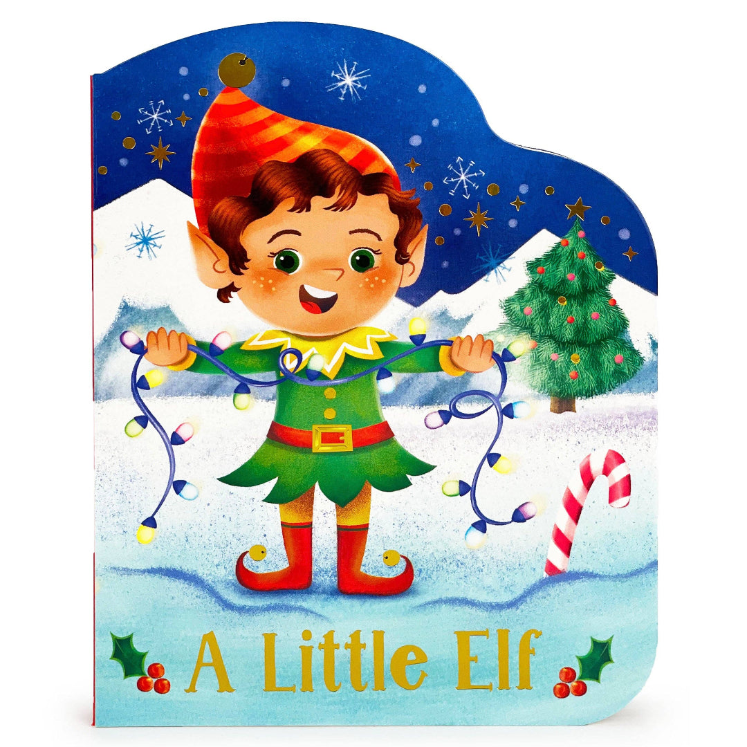 A elf holding Christmas lights standing in front of ice covered mountains and a christmas tree
