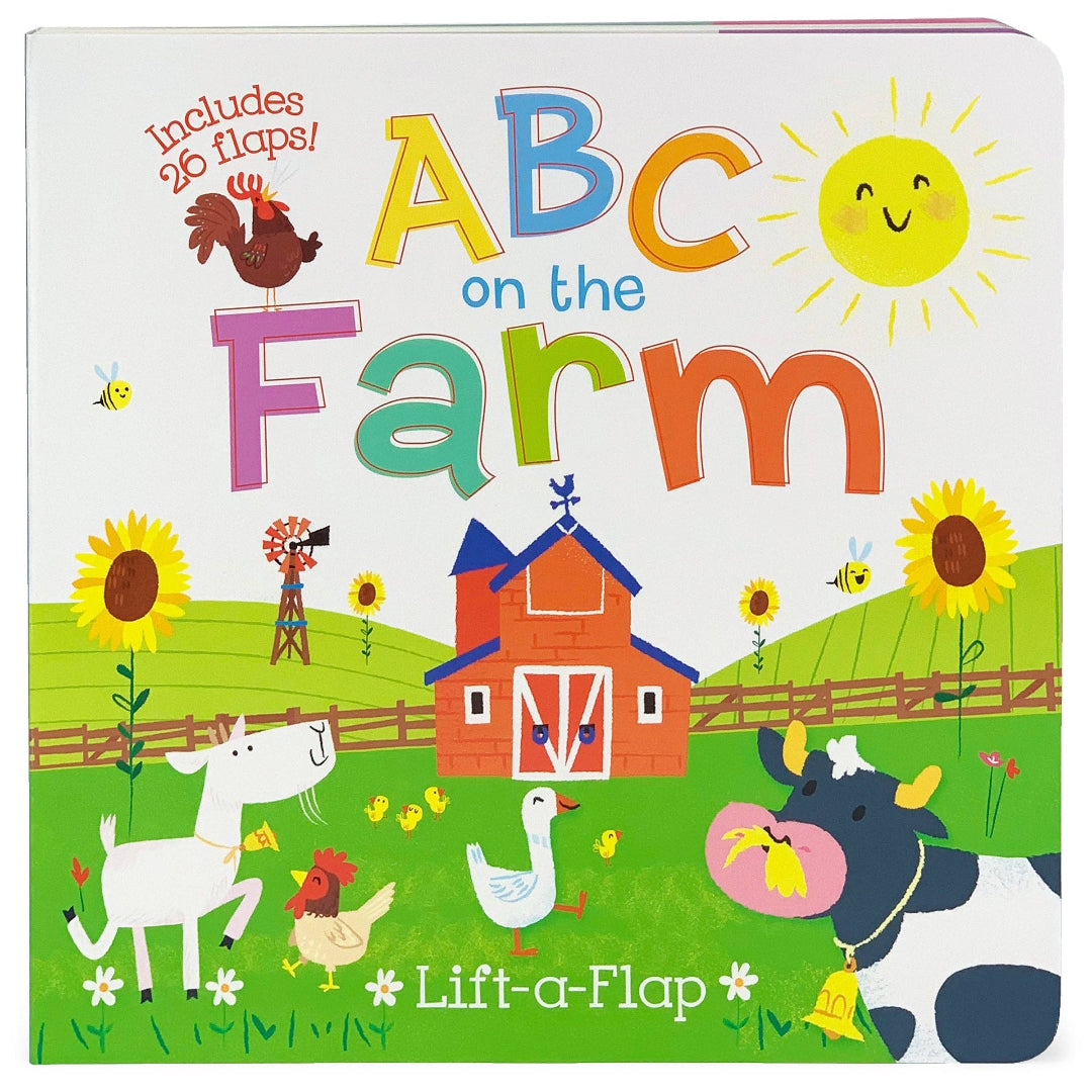board book with a picture of a farm on the cover with a cow, duck, goat, and chickens