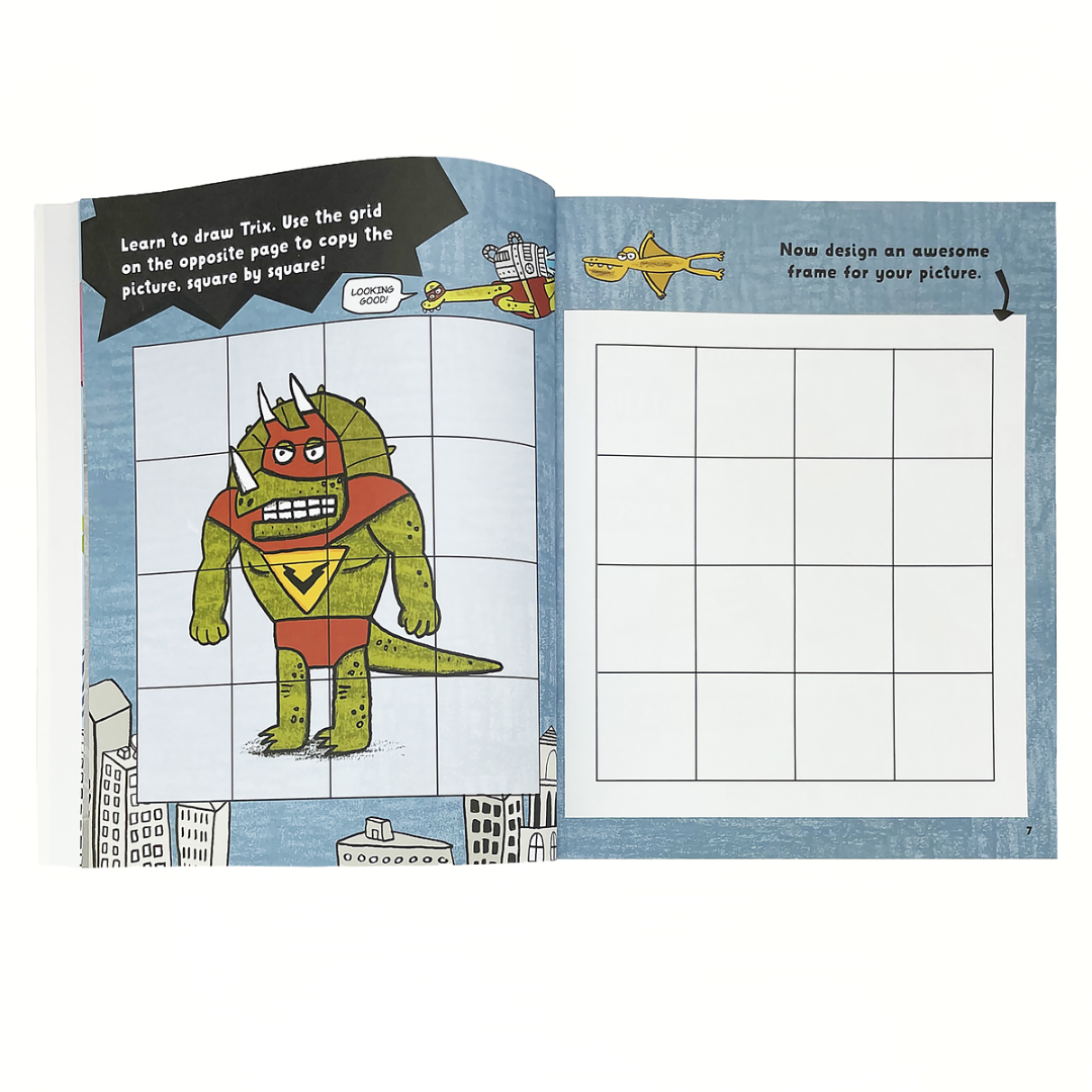 inside pages showing you how to draw a superhero dinosaur inside
