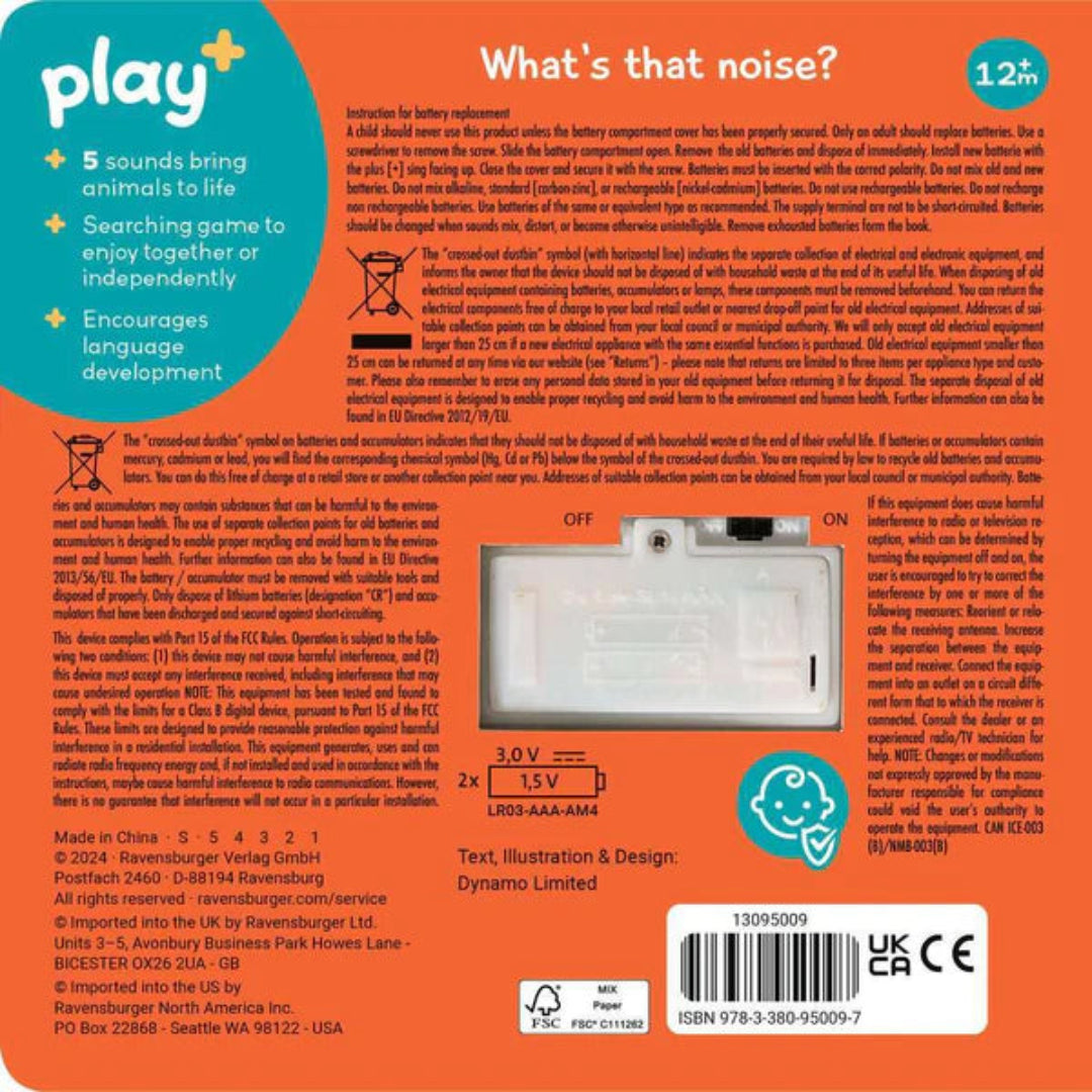Back of a toy packaging with text and graphics, featuring an orange border and white central area.