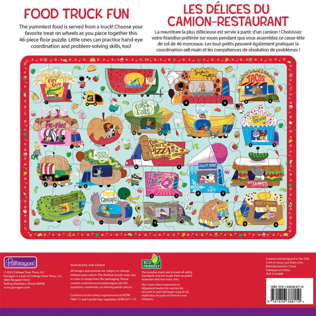 back side of puzzle box showing the full picture of a food truck themed puzzle
