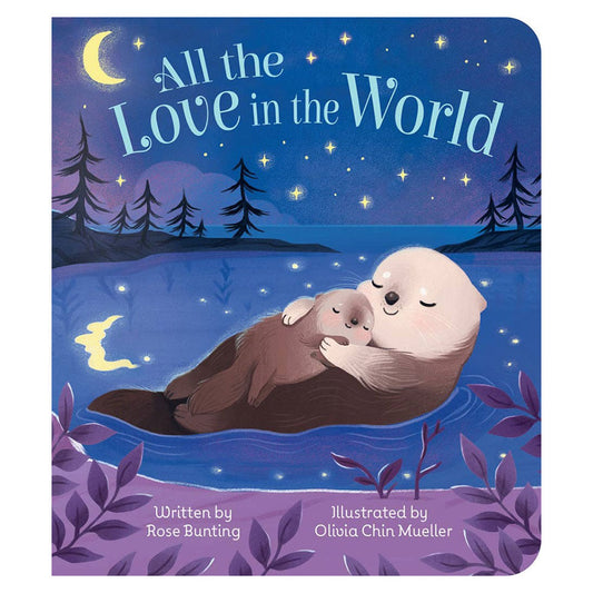 mom and baby otter floating in a lake a night