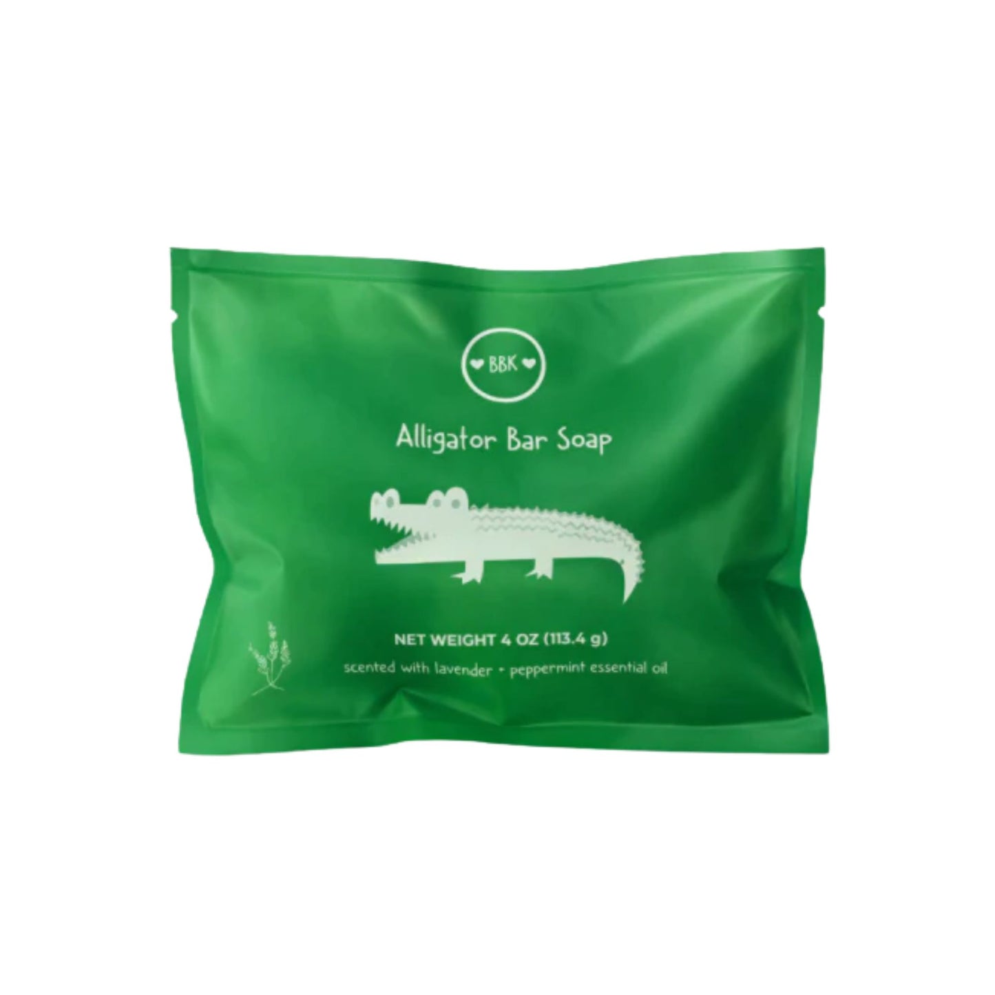 Green package of Alligator Bar Soap with an alligator illustration on a white background