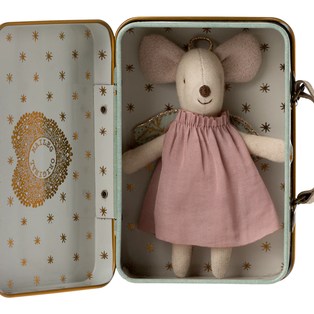 Maileg Little Sister Angel Mouse in Suitcase