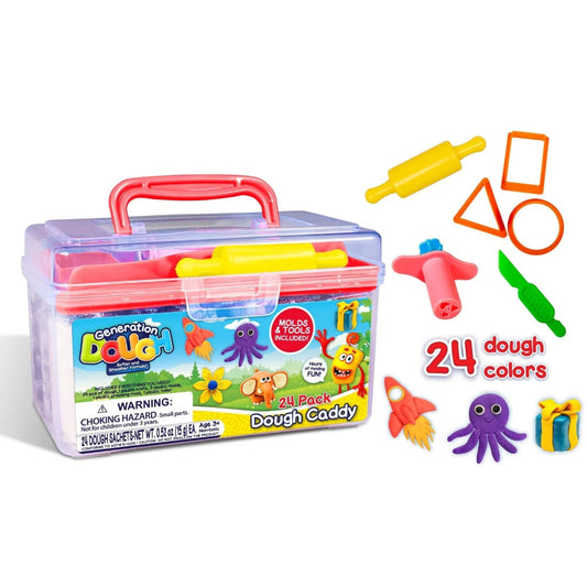 Dough set with container, tools, and color chart on a white background