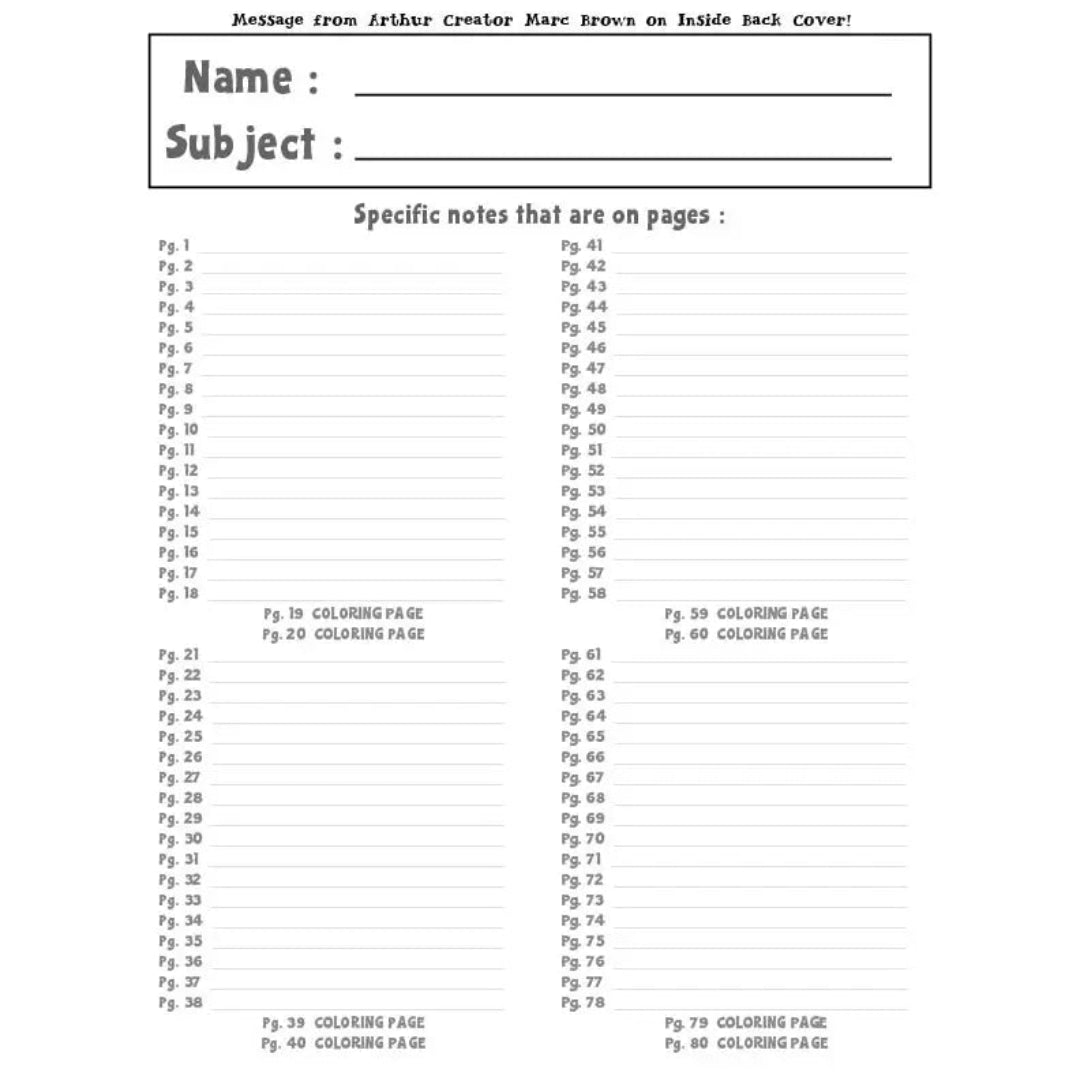 inside page of a notebook and it has a place for Name, Subject, specific notes