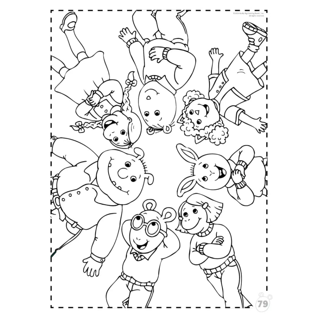 a coloring page with Arthur and all his friends laying in a circle smiling