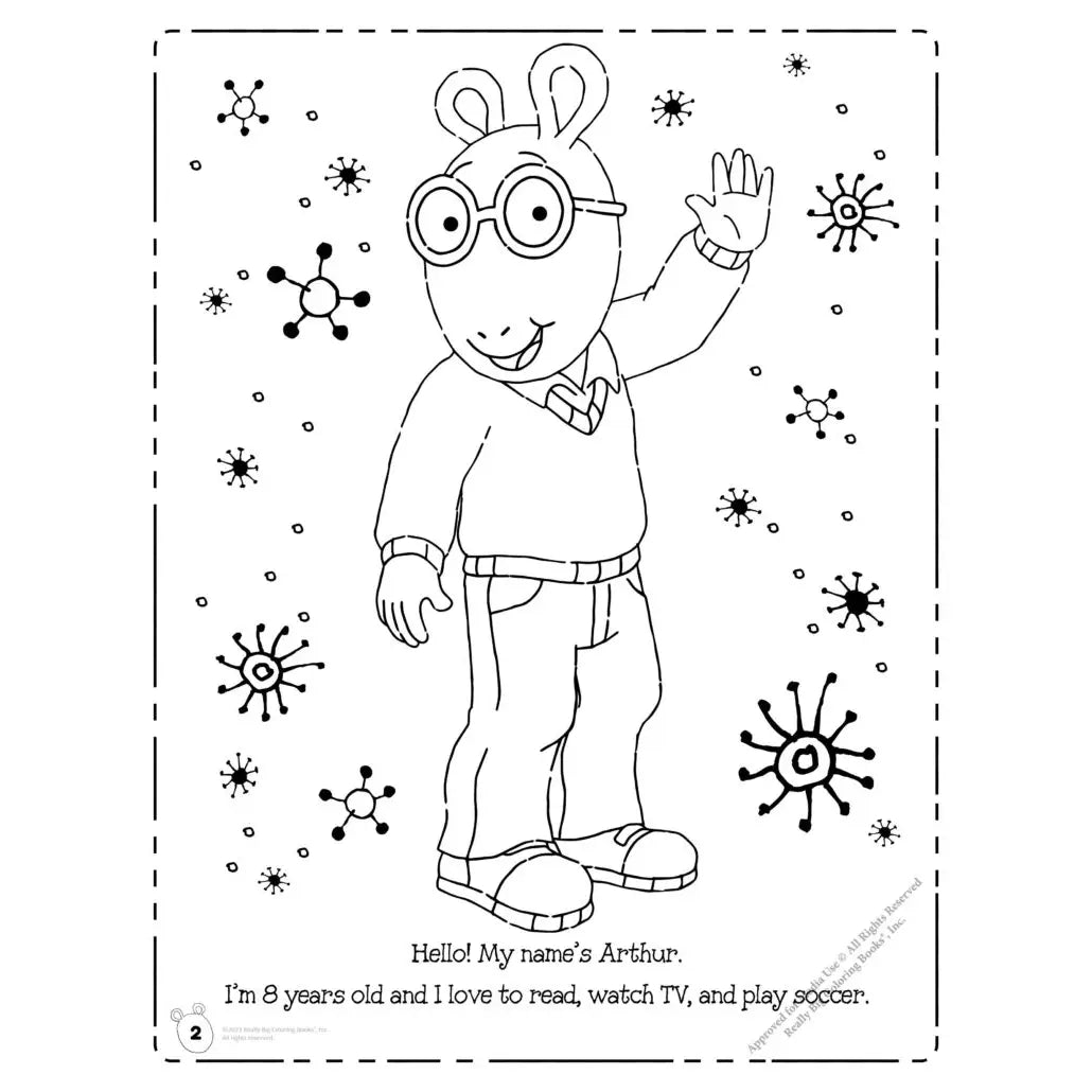 Inside page of Arthur coloring book where Arthur is standing and waving