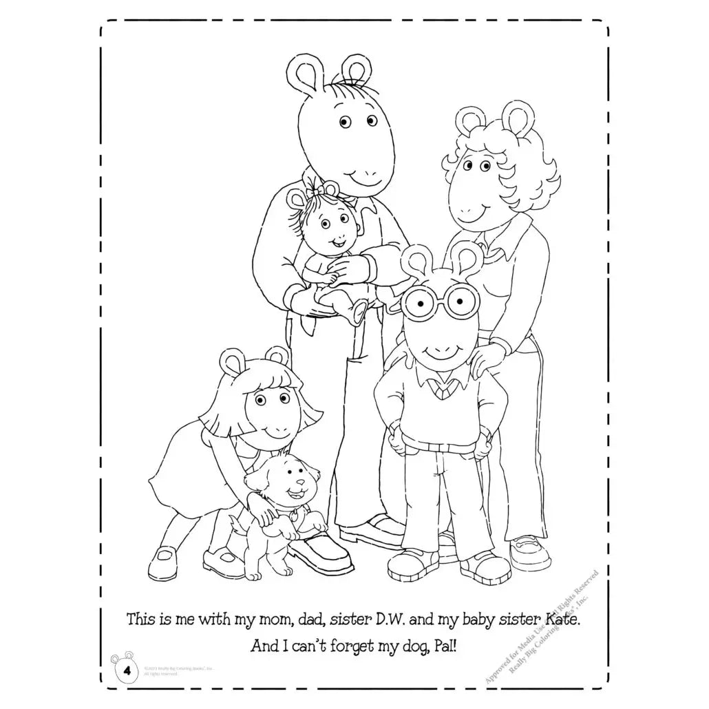 Inside pages of Arthur Coloring book where Arthur and his family are posing for a photo