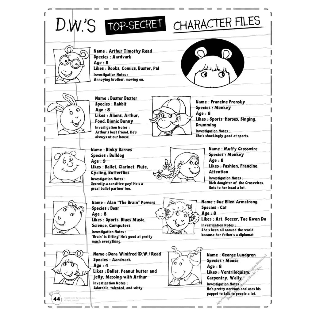 Inside page of Arthur coloring book where it gives a description of each character in Arthur, their age and their likes