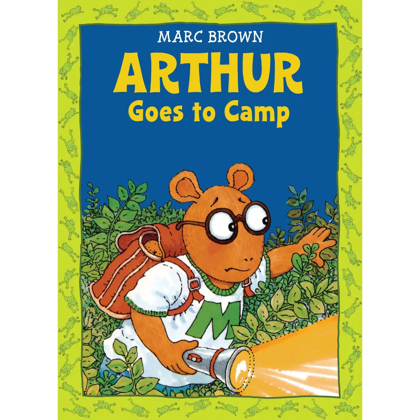 Arthur walking through some brush holding a flashlight and wearing a backpack