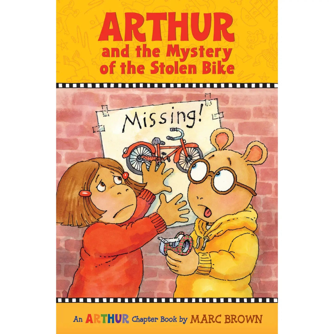 Arthur and his friend in front of a sign about a missing bike