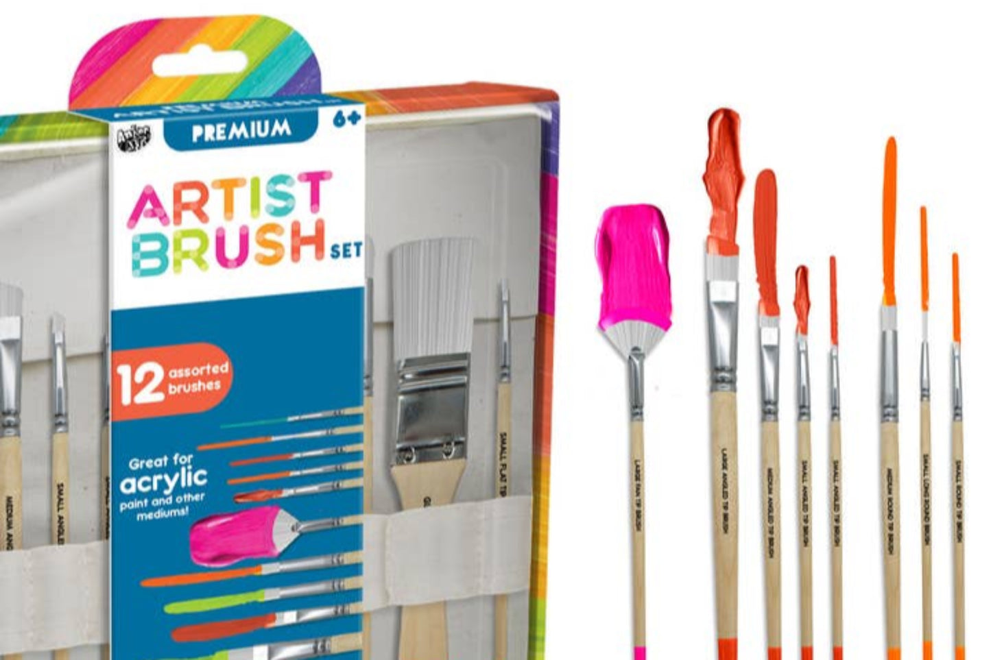 12-piece artist brush set with assorted brush shapes, great for acrylic paint and other mediums, shown with colorful paint strokes.