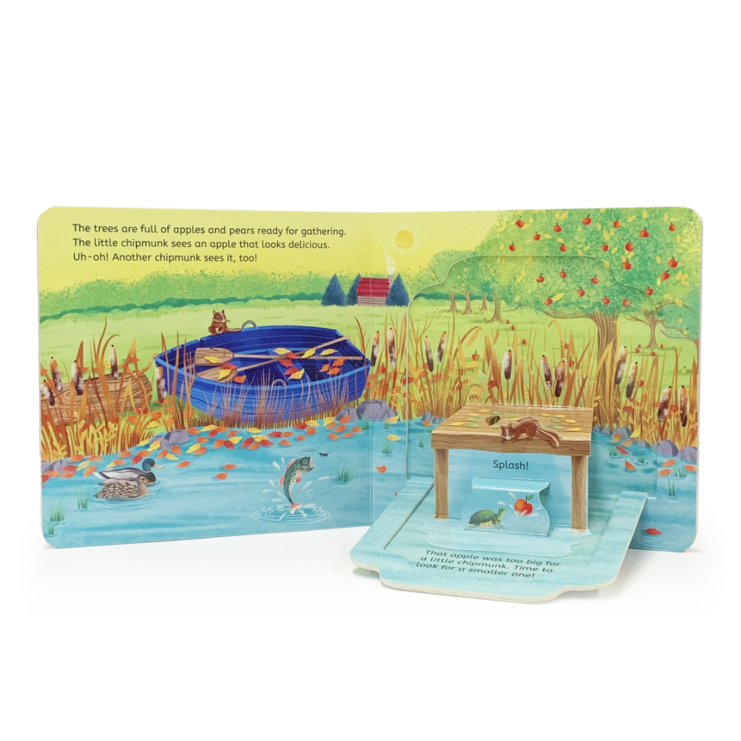 inside pages of board book showing a pond with a little boat and a fold down flap with a dock