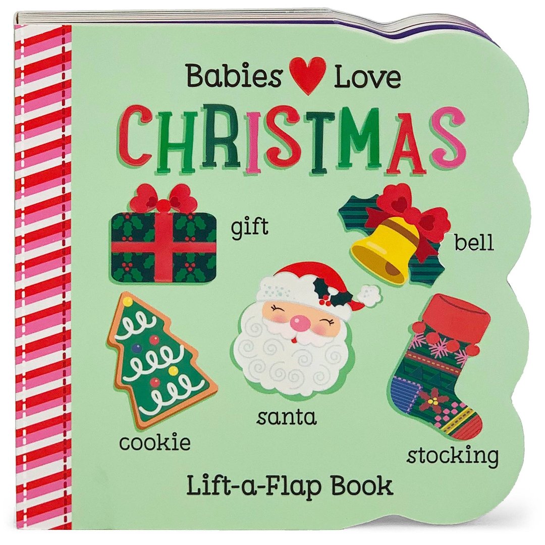 christmas board book with a gift, santa, a cookie, a bell, and a stocking on the front