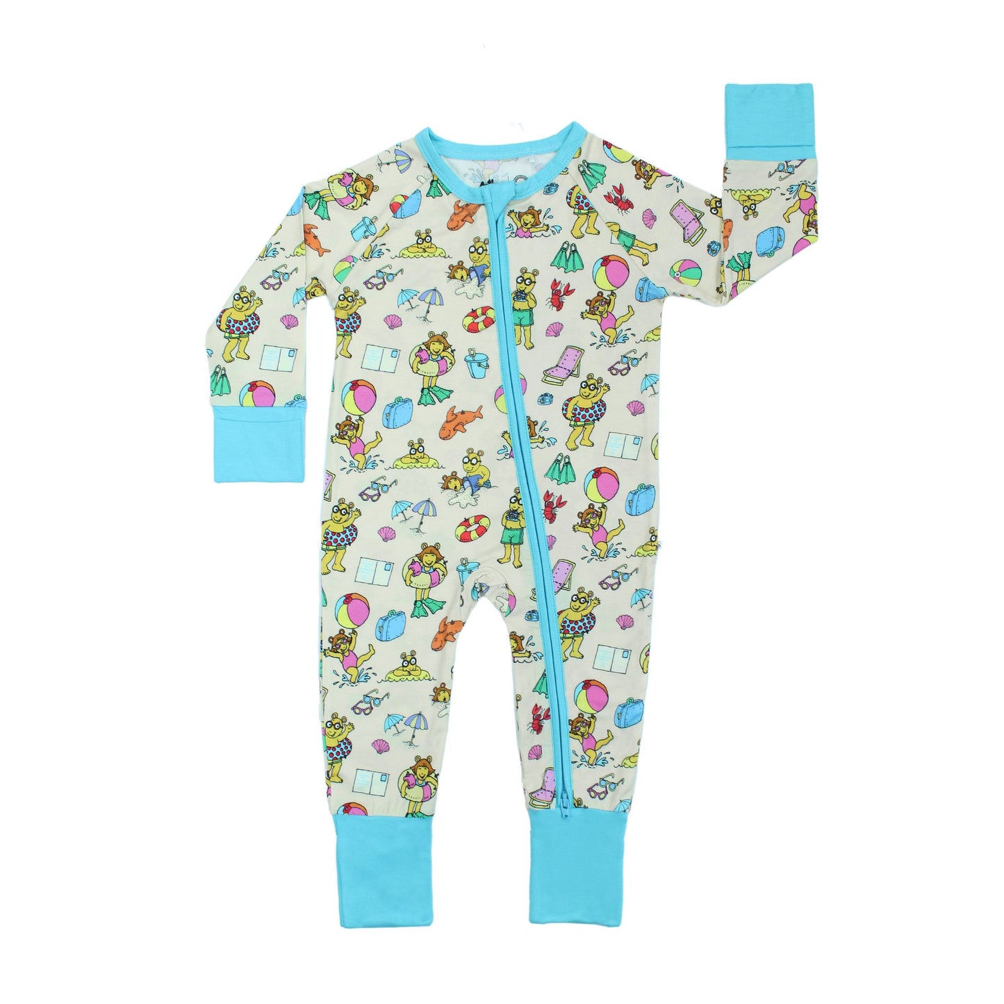 Arthur's Family Vacation Bamboo Convertible Baby Pajamas featuring vibrant light blue trim, a double zipper, and a playful print of Arthur™ in swimwear surrounded by fun beach props — perfect for family getaways.
