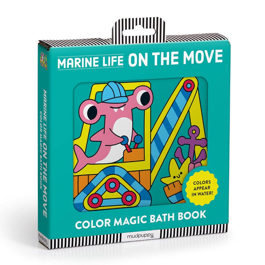Color magic bath book packaging with shark illustration and text 'Marine Life on the Move'.