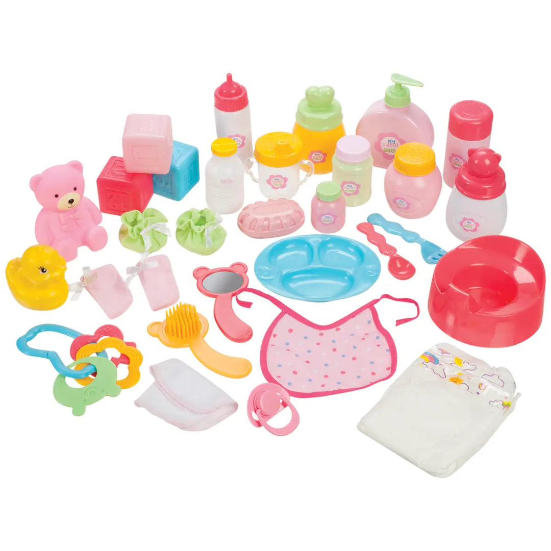 baby accessory set including bottles, feeding supplies, toys, and more