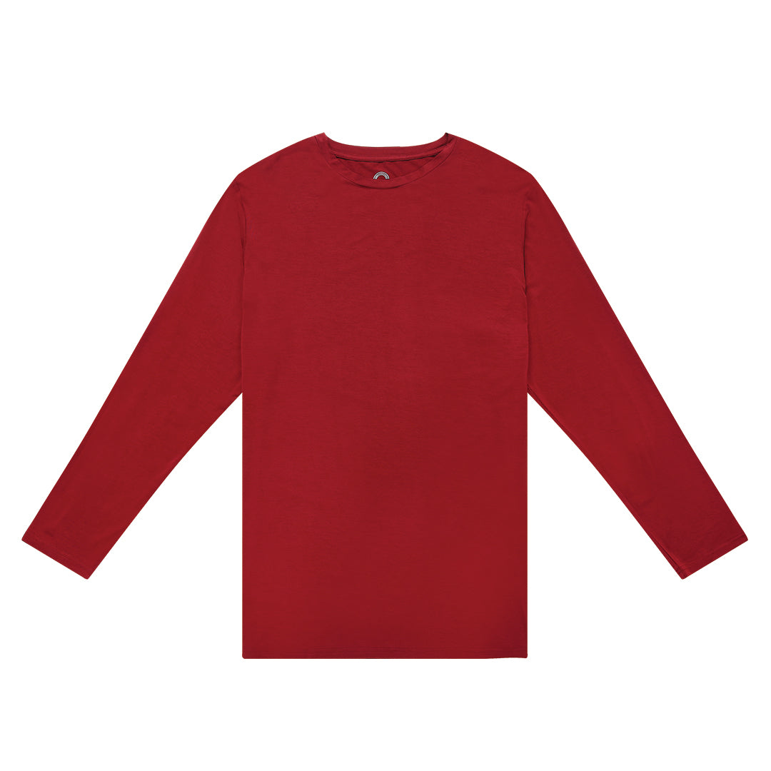 Flat lay of solid red bamboo long sleeve top, soft breathable fabric, perfect for pairing with printed bamboo lounge pajama pants.